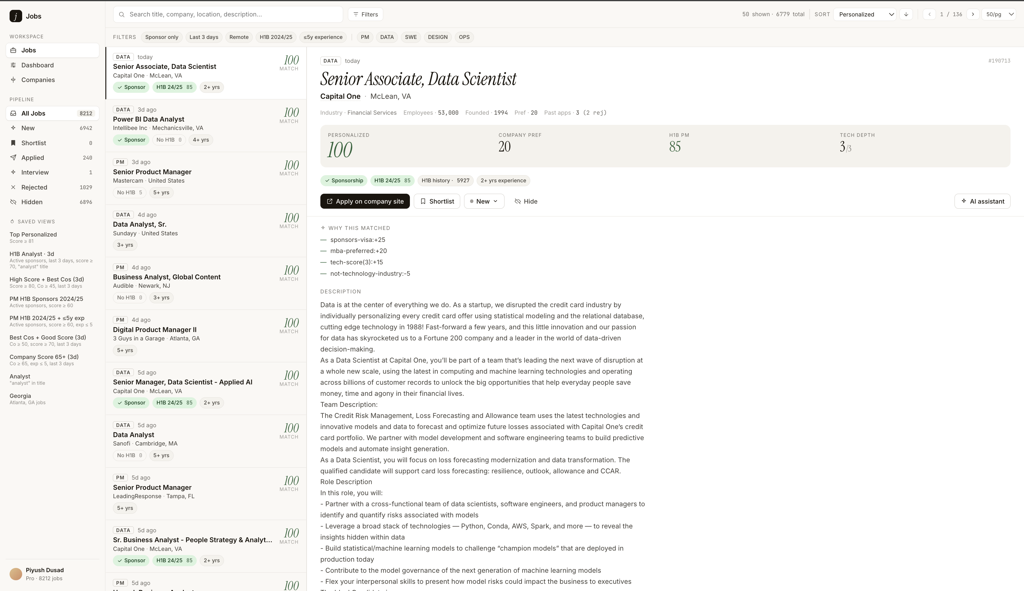 AI Job Search App — job detail view with match scoring